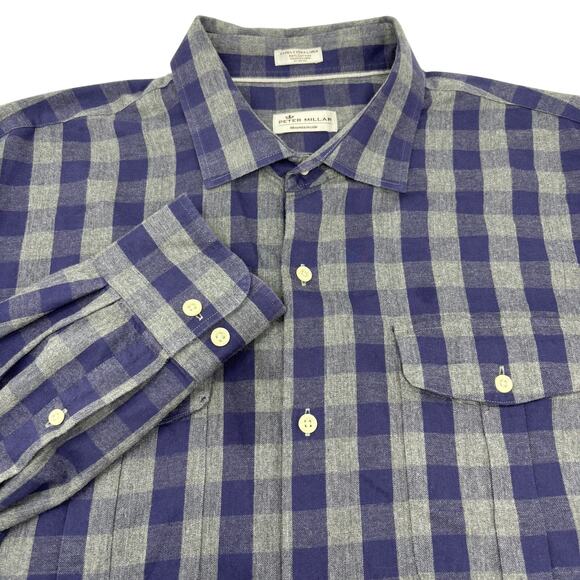 Peter Millar Mountainside 2XL Blue Gray Plaid Check Long Sleeve Button Up Shirt - Picture 1 of 4